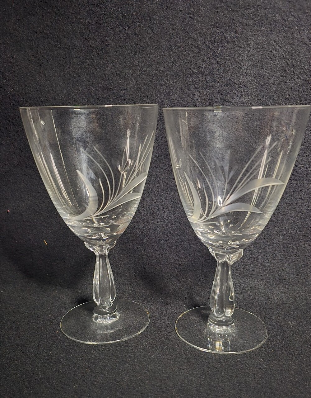 Vintage Clear Etched Crystal Wine Glasses - Pair